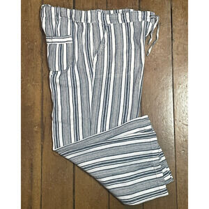 D & Co QVC Sz L Pull-On Wide Leg Pants 38"x26.5" Blue White Stripes Linen Blend